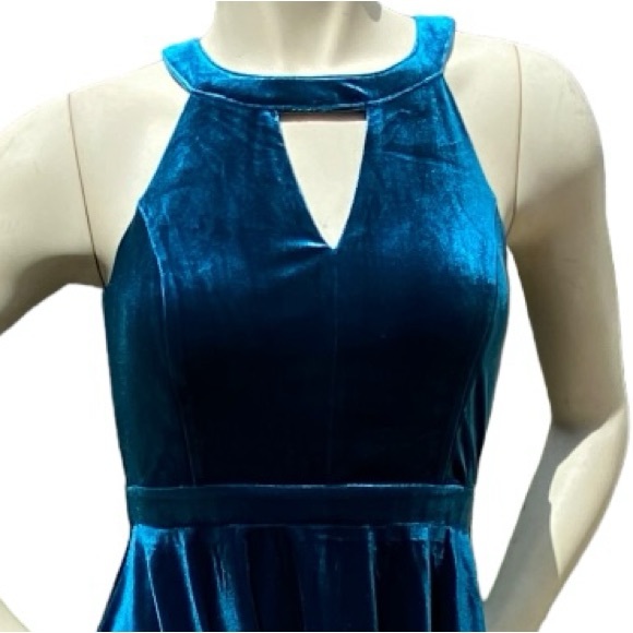 ALTAR’D STATE Deep Teal Blue Velvet Sleeveless Halter Cut Out Pleated Mini Dress - Picture 8 of 16